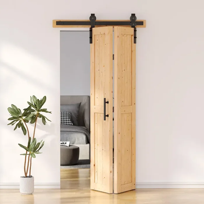 SKYSEN 36″ X 84″ Bifold Barn Door with 40″ Bifold Barn Door Hardware Kit, Including Handle and Pulls, Unfinished Solid Spruce Wood Panel, Pre-Drilled and Assembled(36 * 84-40-fold)