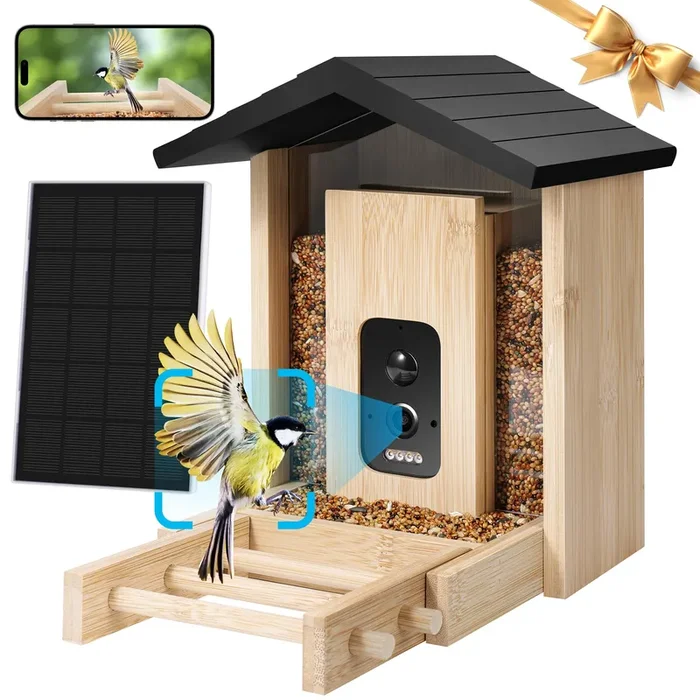 Smart Bird Feeder with 2.5K HD Camera, AI Identify Bird Feeder Solar & Battery Powered, Auto Capture Birds & Notify in Time, Bamboo Wooden Smart Bird Watching Feeder, Ideal Gift for Bird Lover(1.5L)
