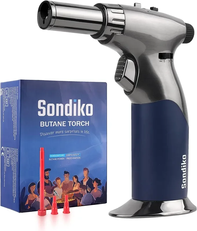 Sondiko Triple Flame Adjustable Mini Butane Torch Lighter – Refillable with Continuous Flame Lock for Creme Brulee, Cooking (Butane Not Included)