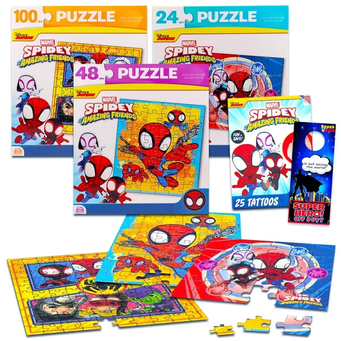 Spidey and Friends Jigsaw Puzzle Set – 3 Pack Spidey Puzzle Bundle with Tattoos and More for Kids Adults (Spidey and Friends Party Favors)