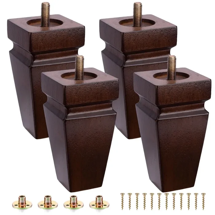 Square Wood Furniture Legs Set of 4 – Wooden Replacement Feet for Couch, Bed, Bench, Dresser, Rubber Wood Parts for Table, Sofa, Wooden Legs Chairs Complete with Installation Hardware (Brown, 5 inch)