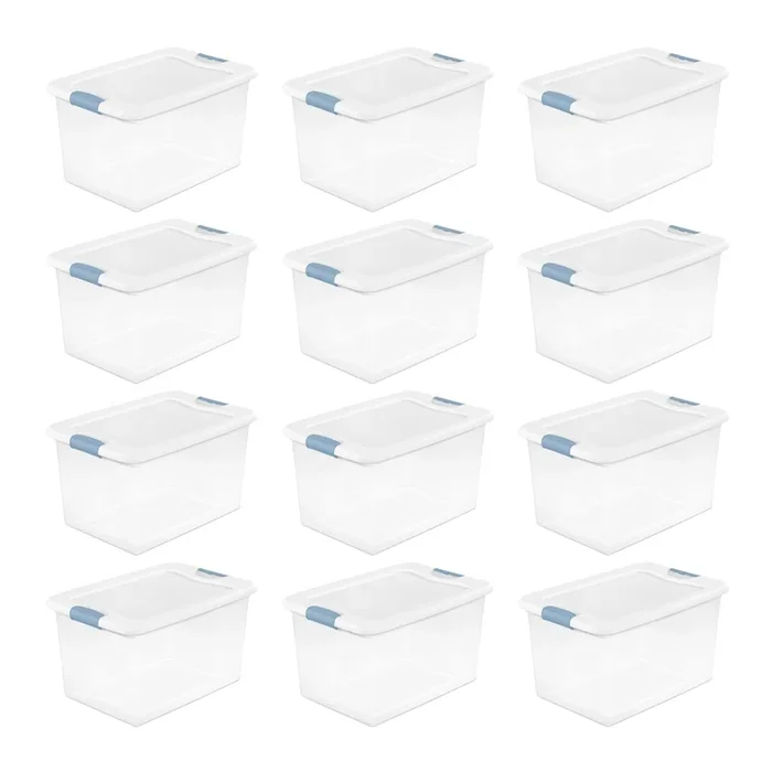 Sterilite 64 Qt Clear Plastic Stackable Storage Bin w/ White Latch Lid, 12 Pack