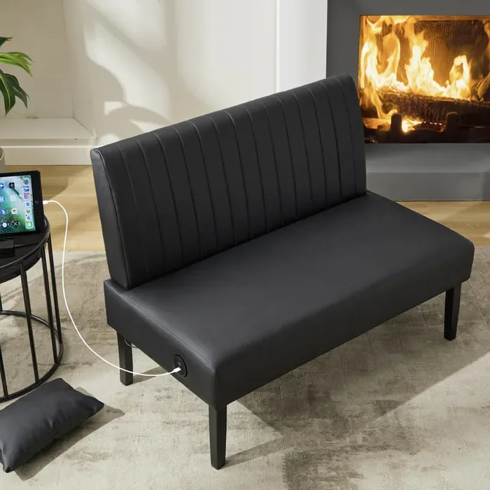 STHOUYN 43″ W Mini Small Black Leather Couch Armless Loveseat Sofa for Bedroom with USB Port, Small Couches for Small Spaces Living Room, Apartment Office Dorm (Black)