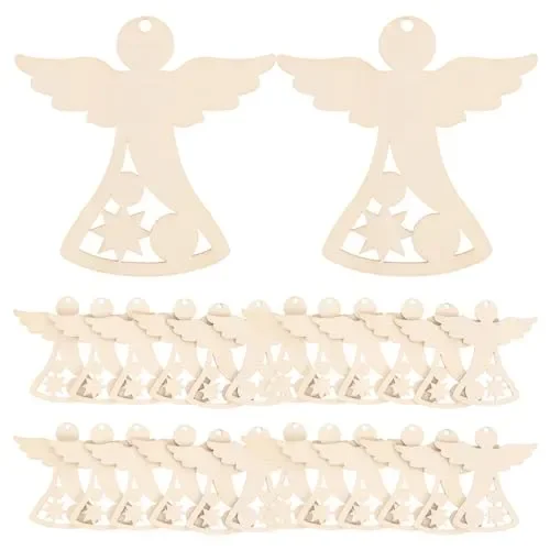 STOBOK 30pcs Christmas Angel Wooden Cutouts Unfinished Angel Shapes Blank Wood Slices Xmas Gift Tags for DIY Craft Painting Christmas Tree Ornaments