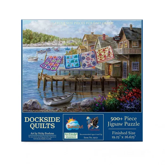 SUNSOUT INC – Dockside Quilts – 500 pc Large Pieces Jigsaw Puzzle by Artist: Nicky Boehme – Finished Size 19.25″ x 26.625″ – MPN# 19271
