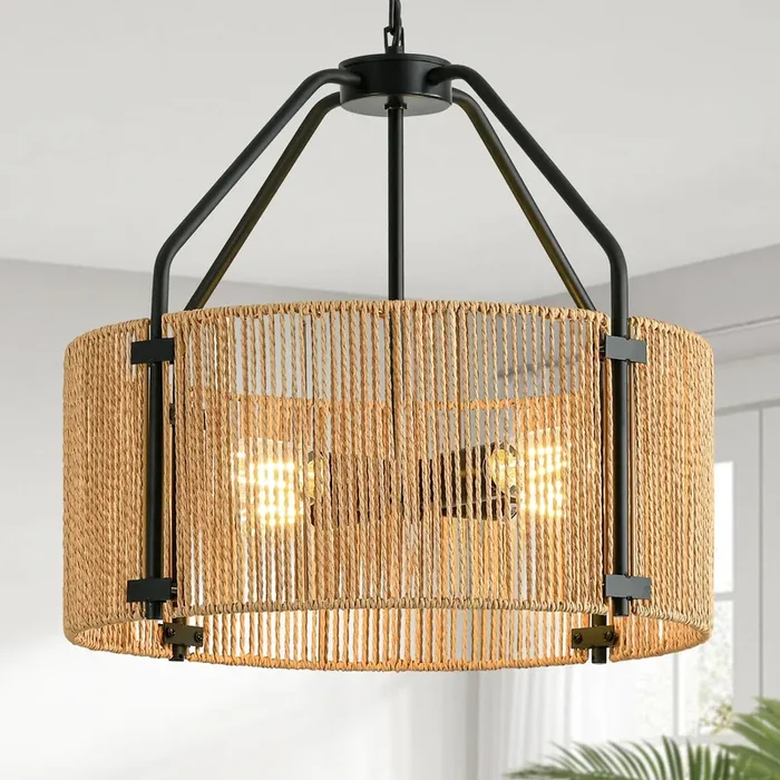 SupMaka 4-Light Rattan Chandelier, 17.8″ Boho Large Pendant Light with Wicker Shade, Farmhouse Drum Hand Woven Chandelier for Dining Room, Living Room, Bedroom, Kitchen Island, Foyer, Entryway, E26
