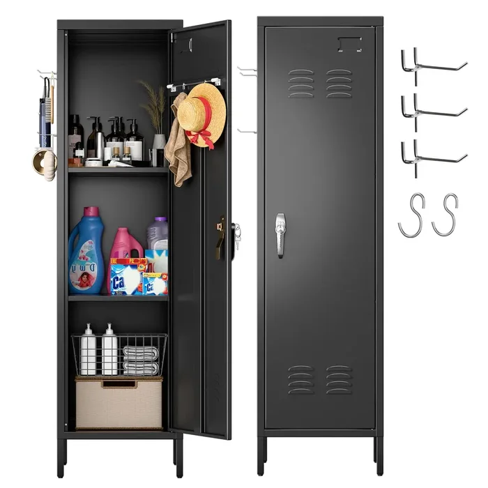 SUXXAN 54″ H Metal Storage Locker, Metal Cabinet with Lockable Door & Towel Rack & 2 Side Pegboards with Hooks for Home School Office Gym Bedroom, Assembly Required(Black)