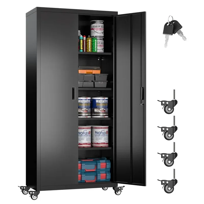 SUXXAN Metal Garage Storage Cabinet with Wheels, 73” Steel Cabinets on Wheels for Office School Home Warehouse Utility Room Garage, Assembly Require,Black