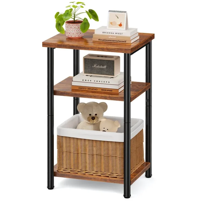 Sweetcrispy 3-Tier End Table Side Tables with Adjustable Feet,Small Nightstand Space-Saving for Bedroom Living Room Office, Rustic Brown