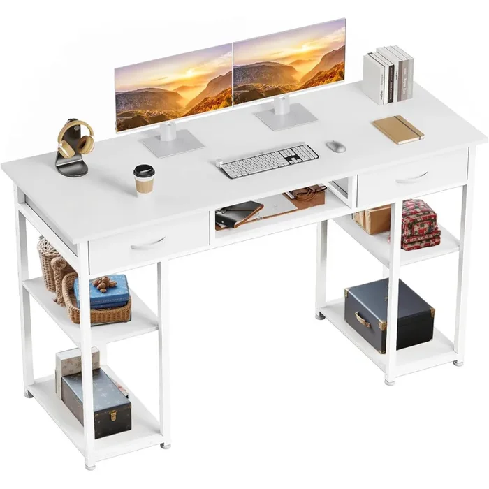 Sweetcrispy Computer Desk – 48 Inch Home Office Bedroom Writing Study PC Table with Fabric Drawers Storage Shelves Space Side Bag Headphone Hook Metal Frame Adjustable Feet, White