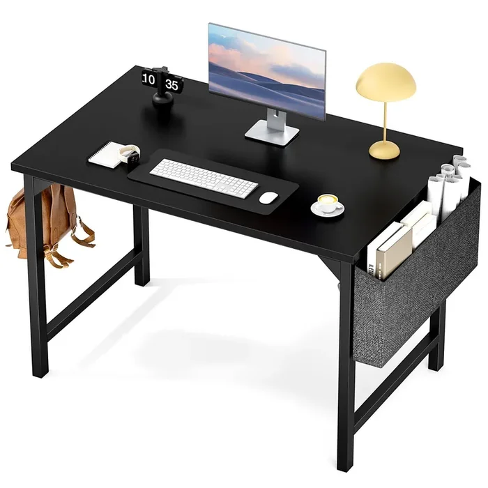 Sweetcrispy Small Computer Office Desk 40 Inch Kids Student Study Writing Work with Storage Bag & Headphone Hooks Modern Simple Home Bedroom PC Table – Black