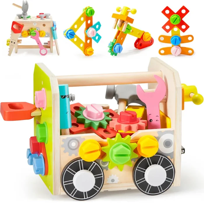 SYNCFUN Kids Tool Set, 51 PCS Wooden Educational Tools for Boys and Girls, Montessori Toys for 3 4 5 6 Year Old, Learning and Construction Toys for Toddlers, Christmas Birthday Gift