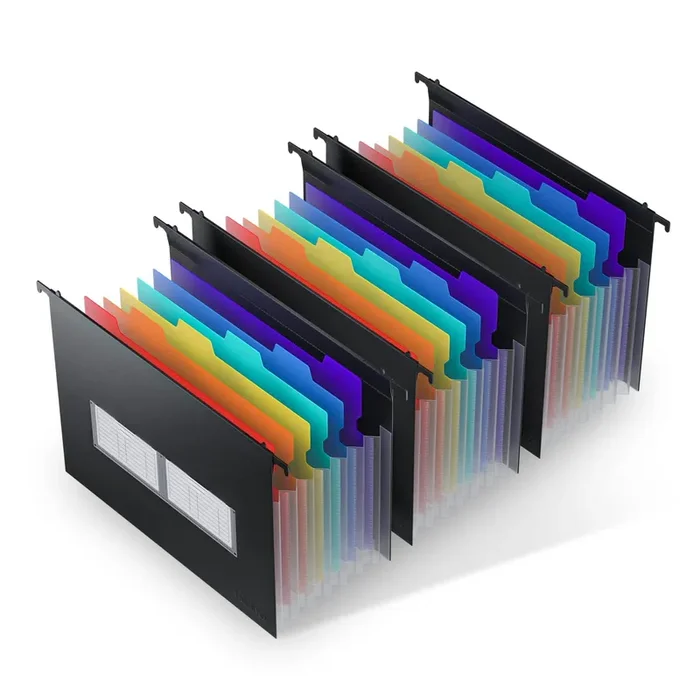 ThinkTex Plastic Expanding Hanging File Folders, 7 Innovative 1.2″ Accordian Pockets, Large Capacity, Multi-Color Tabs, Letter Size for Filing Cabinet – 3 Packs