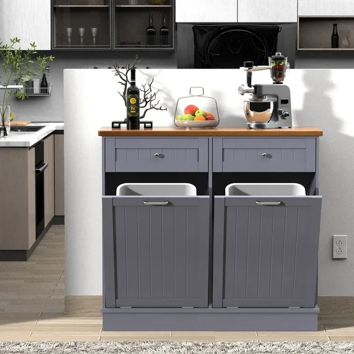 TOLEAD Double Tilt Out Trash Cabinet 20 Gallon,Antique-style Beadboard Trash Can Cabinet Kitchen with Solid Wood Tabletop & Drawer, Pet Proof Trash Can, Wood Laundry Cabinet (Grey)