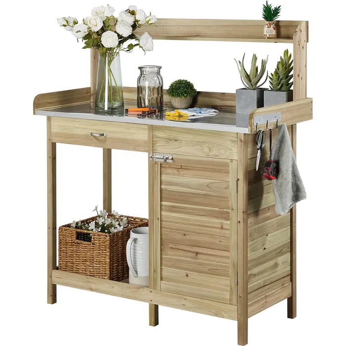 Topeakmart Garden Potting Bench Potting Table ACQ Lumber Wood Outdoor Work Station Work Bench Planting with Cabinet & Drawer & Top Shelf & Lower Shelf Light Green