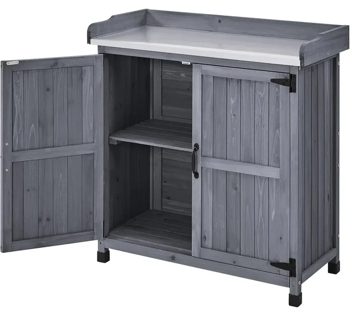 Topeakmart Potting Bench Table – Wooden Storage Cabinet with Removable Shelf & Flexible Space & Metal-Plated Tabletop for Outdoor Garden Patio, Gray