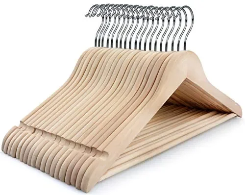 TOPIA HANGER Natural Unfinished Wooden Hangers with 360°Strong Swivel Hook and Smoothly Cut Shoulder Notches, 18-Pack Solid Wood Clothes Hangers for