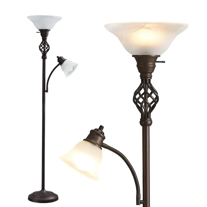 Torchiere Floor Lamp for Living Room, LED Standing Reading Light for Bedroom with Glass Shade for Living Room Corner Bedroom Home Office,Bulbs Included (Red Brown,Glass 2 Head)