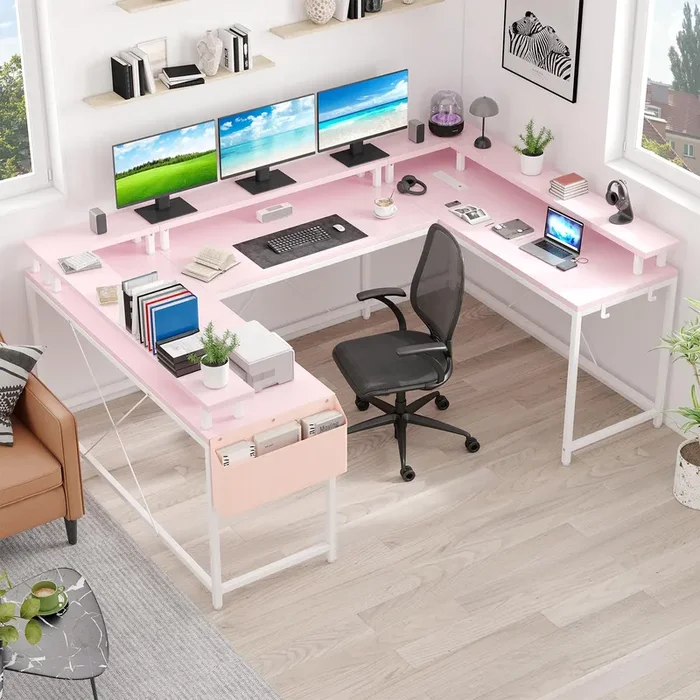 TrailBlaze U-Shaped Computer Gaming Desk, Pink, with Power Outlets, LED Strip & Monitor Stand, Office Desk with Storage Shelves & Bag, Reversible L-Shaped Design