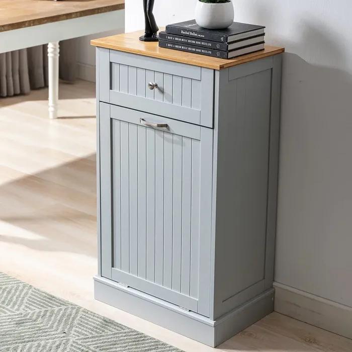 Trash Cabinet Tilt Out Freestanding, Pet Proof Kitchen Trash Cabinet Laundry Hamper with Cutting Board, Wood Garbage Recycling Station Hideaway Trash Holder Drawers (1, Grey)