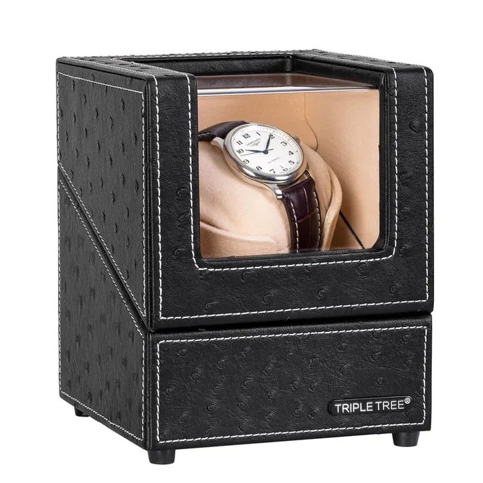 TRIPLE TREE Single Watch Winder Newly Upgraded, with Flexible Plush Pillow, in Wood Shell and Black Leather, Japanese Motor, 4 Rotation Mode Setting,
