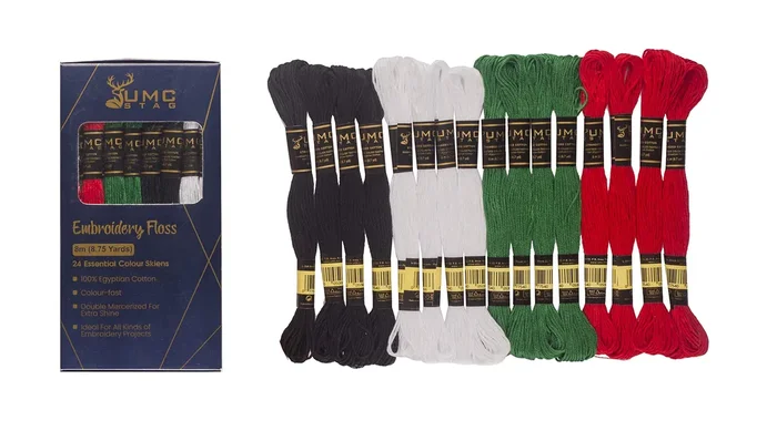 UMC STAG Embroidery Floss | 100% Egyptian Cotton | 24 Pieces 4 Essential Colours Premium Skeins | Oeko-TEX Certified Cross-Stitch Stranded Cotton | 6 Red 6 Black 6 White & 6 Green Threads