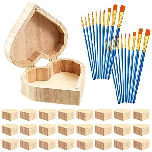 Unfinished Unpainted Wooden Box Treasure Chest with Art Brushes Wood Heart Shaped Natural Pine Box Wooden Heart Box with Hinged Lid for DIY Art Craft