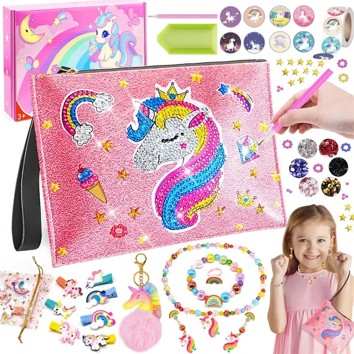 Unicorn Diamond Purse Kit for 5 6 7 8 9 Year Old Girls – Diamond Craft Purse with Sticker Earrings Hair Clips Bracelet Necklace Keychain – Creative Birthday Christmas Gift for 5-9 Year Old Girls