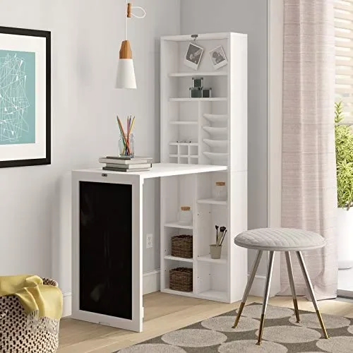 Utopia Alley Collapsible Fold Down Desk Table | Chalkboard Wall with Storage Cabinet & Bottom Shelves, Multipurpose Foldable Desk for Home, Office, Crafting, and More (White)
