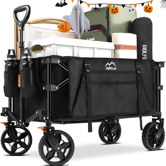 Uyittour Wagon Cart Heavy Duty Foldable, Collapsible Folding Wagon with Compact Folding Design, Utility Grocery Wagon with Side Pocket and Brakes for Shopping, Sports, Camping and Garden