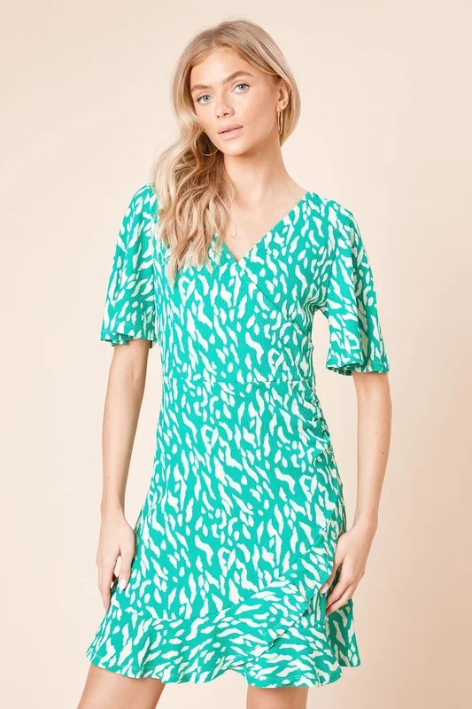 V Neck Short Sleeve Abstract Wrap Mini Dress