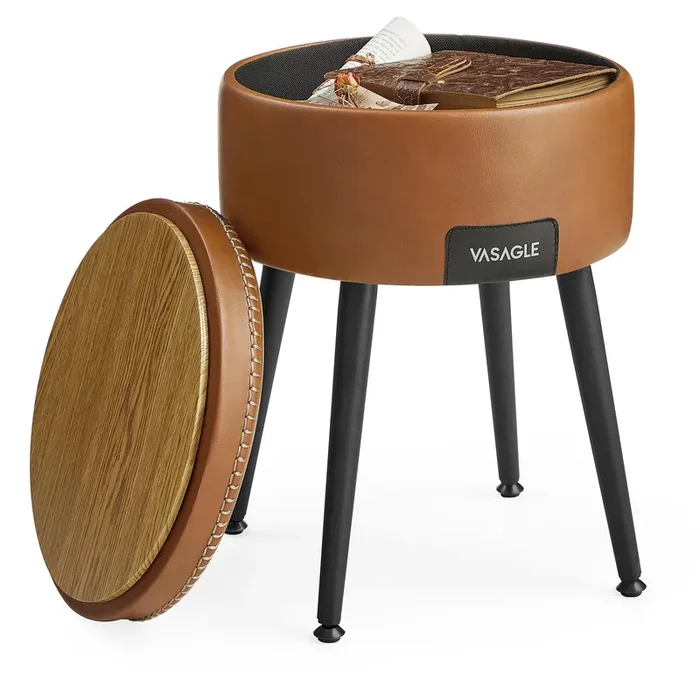 VASAGLE EKHO Collection – Storage Ottoman, Vanity Chair Stool, Synthetic Leather with Stitching, Mid-Century Modern, Round Storage Seat with Steel Legs, Loads 330 lb, Caramel Brown ULOM005K01