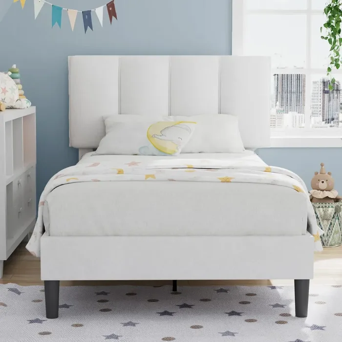 VECELO Twin Bed Frame with Upholstered Headboard, Heavy-Duty Platform Bedframe with Strong Wooden Slats Support, No Boxing Spring Needed, Pure White