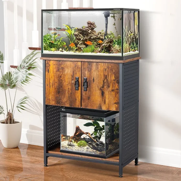 VINGLI 20 Gallon Fish Tank Stand, Metal Frame Aquarium Stand with Cabinet for Double Fish Tank & Accessories Storage, 25.99″ L* 13.78″ W Tabletop, 550LBS Capacity, Rustic Brown