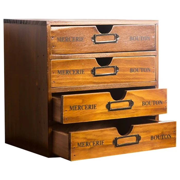 Vintage Aged Look Home Office Desk Organizer with 4 Drawers – Rustic Dresser – Wooden Storage Box Desktop Storage – Decorative Boxes with Lids for School & Office Supplies – Stackable Daily Storage