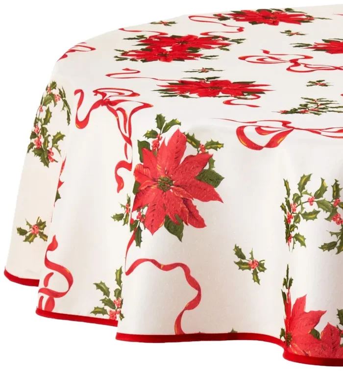 Violet Linen Decorative Christmas Poinsettias and Bows Design Tablecloths – 60″ Round