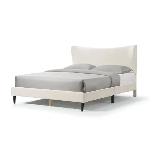Vivienne Contemporary Boucle Fabric Queen Size Platform Bed Frame with Adjustable Curved Headboard and Solid Wood Legs – White