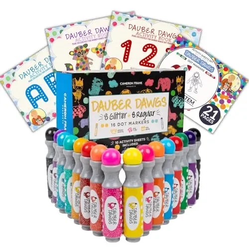 Washable Shimmer & Regular Dot Markers – 16 Pack Downloadable Activity Sheets For Kids, Toddler Art Activities, Preschool Children Arts Crafts