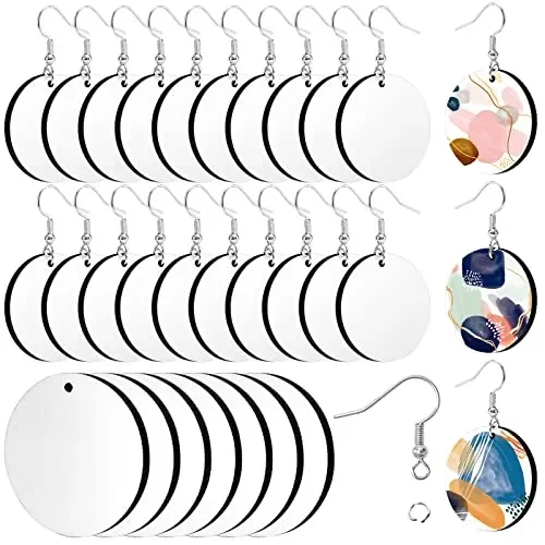 Whaline 30Pcs Sublimation Blank Earrings Round MDF Board White Earrings Heat Transfer Earrings Unfinished Wood Earring for Jewelry DIY Making Crafts