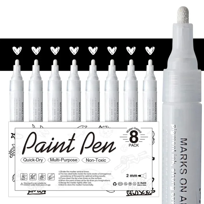 White Paint Pen for Art – 8Pack Acrylic White Paint Marker for Rock Painting, Stone, Wood, Canvas, Glass, Metal, Metallic, Ceramic, Tire, Graffiti,