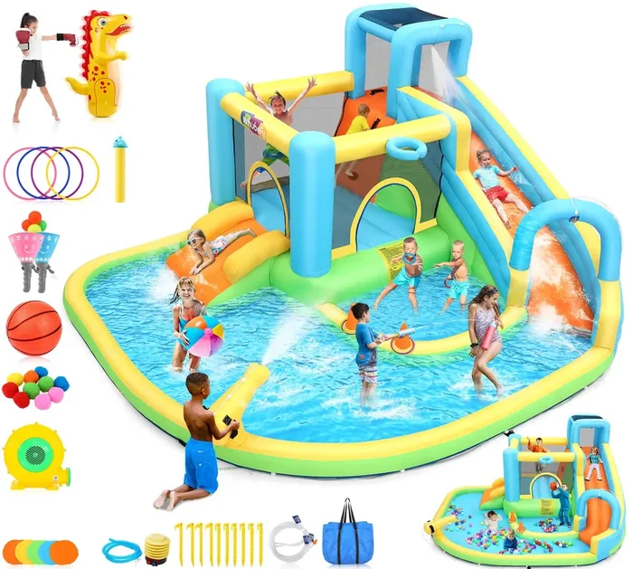 Whubefy 12.8x12FT Water Bounce House for Kids, 13-in-1 Inflatable Water Park with Catch Ball Set/Punching Bag/Toss Rings/Water Soaker Balls/Splash Pool/Water Cannon/Climbing Wall/Basketball Hoop