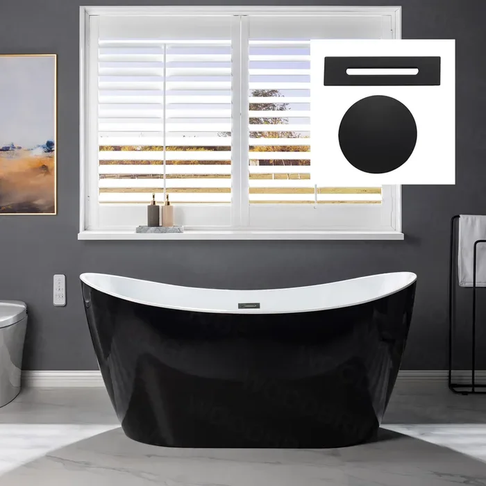 WOODBRIDGE 59″ Acrylic Freestanding Bathtub Contemporary Soaking Tub, Black Acrylic(Matte Black Drain/Overflow),BTA1816-MB