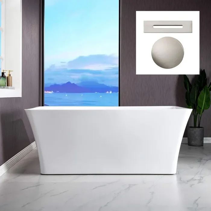 WOODBRIDGE 59″ Acrylic Freestanding Bathtub Contemporary Soaking White Tub with Brushed Nickel Overflow and Drain,BTA1509 -B/N-Drain &O