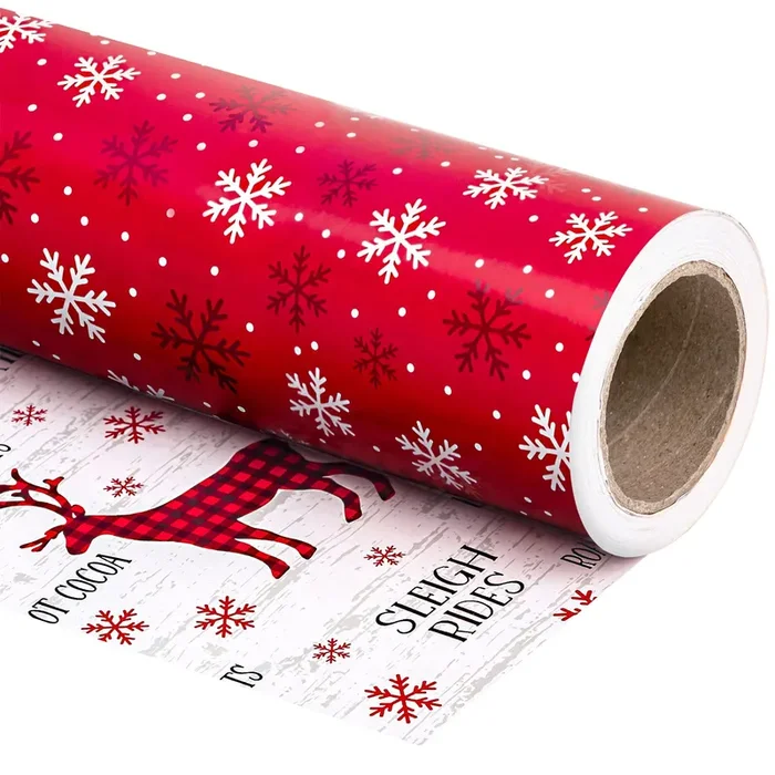 WRAPAHOLIC Reversible Christmas Wrapping Paper Roll – Mini Roll – 17 Inch x 33 Feet – Red White Reindeer and Snowflake Wrapping Paper for Christmas, Holiday, Party