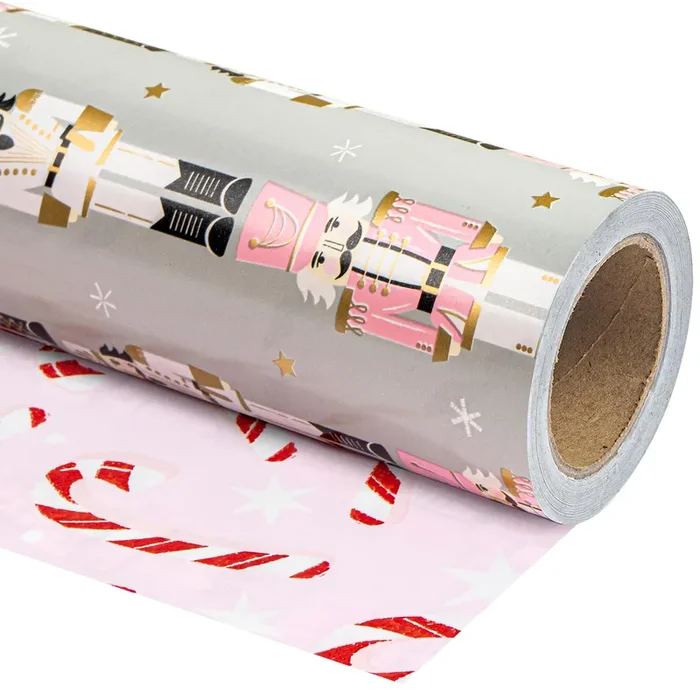 WRAPAHOLIC Reversible Nutcracker Christmas Wrapping Paper – Mini Roll – 17 Inch x 33 Feet – Nutcracker and Candy Cane Design Printed on Pearlized Paper for Chrsitmas, Holiday, Party Celebration