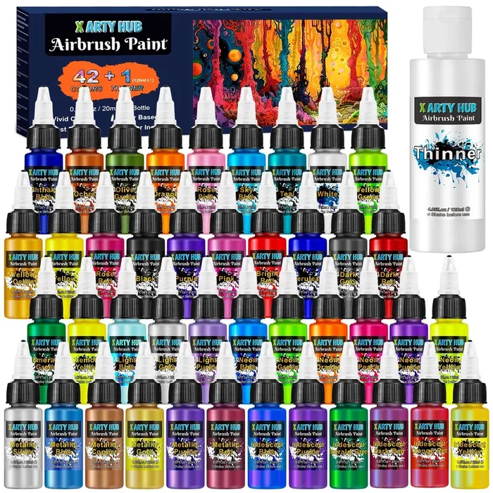 X ARTY HUB Airbrush Paint – 42 Colors with 4.05 Fl Oz Thinner, Iridescent, Neon and Metallic Air Brush Paints Acrylic Ready to Spray, Water-Based Painting Set for Artists Beginners