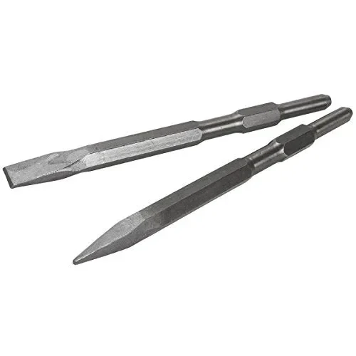 XtremepowerUS 2-Pieces Point and Flat Concrete Chisels for Electric Demolition Jack Hammer 5/8″ Hex Shank 2pc Chisel Bit Set,Silver