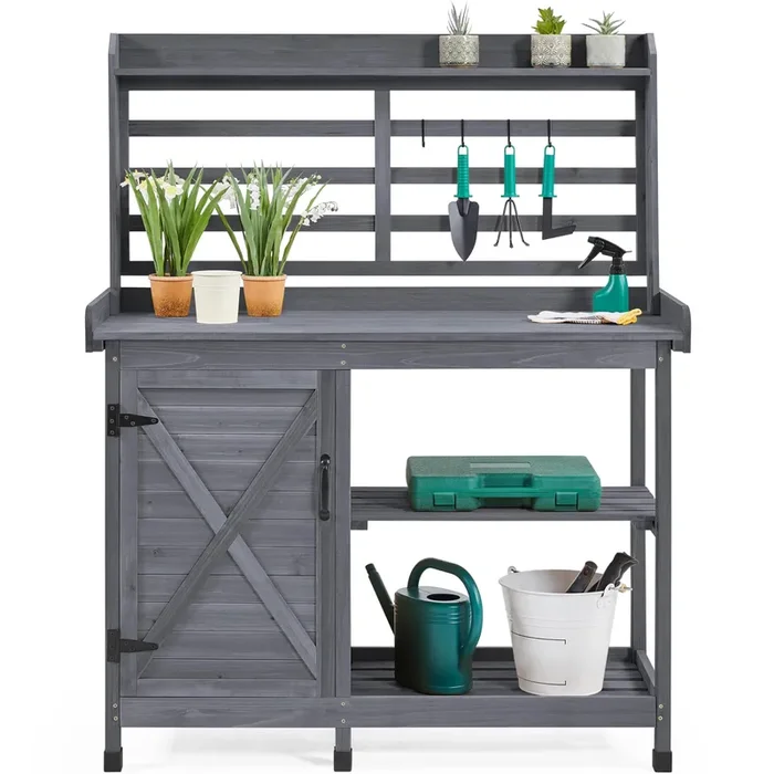 Yaheetech Outdoor Potting Bench, Large Horticulture Work Table Workstation with Storage Cabinet Shelf & Planting Working Console for Patio/Lawn/Garden – Gray