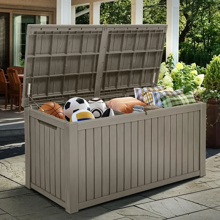 YITAHOME 180 Gallon XL Outdoor Storage Deck Box with Divider, Waterproof & Lockable, Ideal for Patio Furniture and Garden Tools, Resin-Built, Wood-Like Texture, Taupe