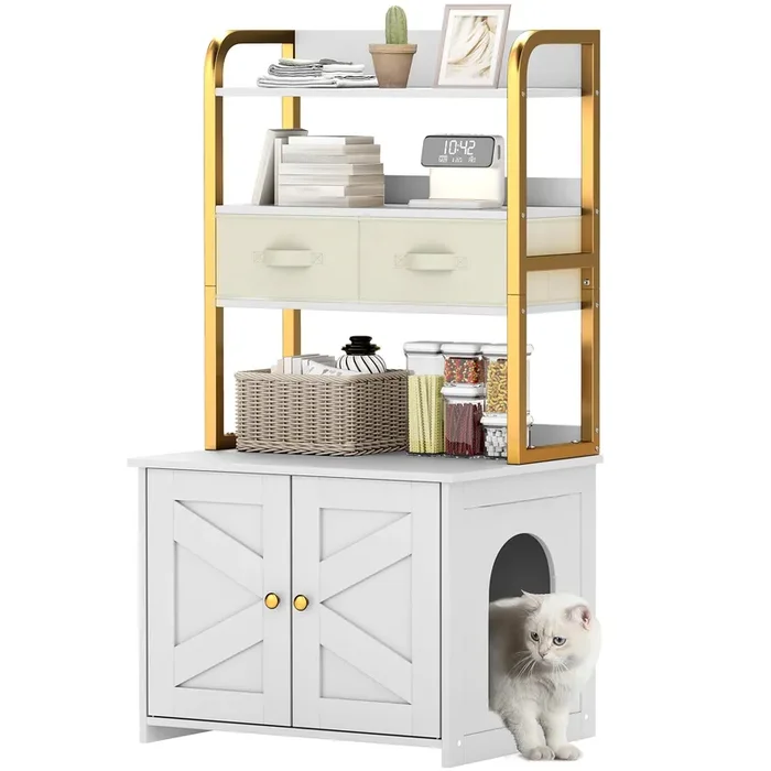 YITAHOME 27″ Cat Litter Box Enclosure with Storage Shelves, Large Wooden Hidden Cabinet with 2 Drawers, Soft Cusion, and Corner Design, White